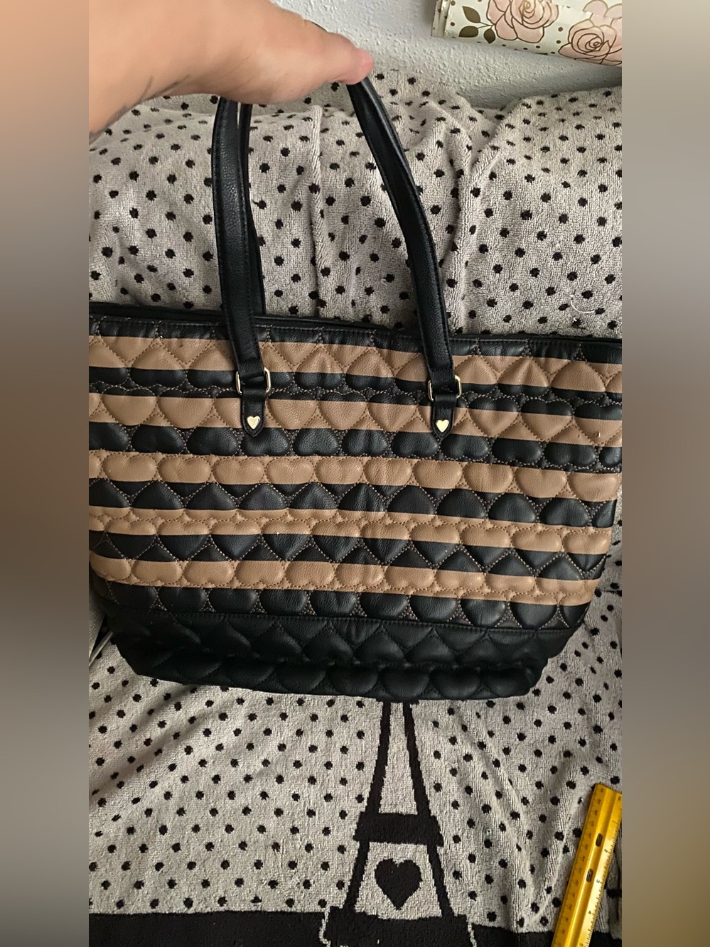 Betsey Johnson Black and Tan Quilted Stripe Tote - Picture 4 of 5